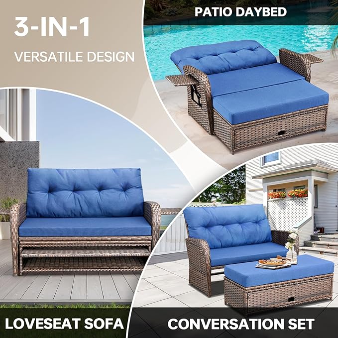 Patio Rattan Daybed, Wicker Recliner Loveseat for Two with Multifunctional Recliner and Stowable Side Tray, 5 Level Adjustable Backrest (Brown Wicker/Blue Cushion)