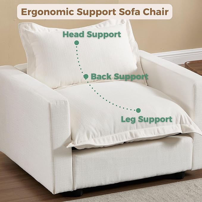 chairus 97" Modular Sectional Sofa with Moveable Ottoman Upholstered Deep Seat Linen Couch Set with Soft Pillows L Shaped Sofa Couch for Living Room, Apartment, Reception Room, 3-Seater/White