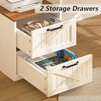 63" Farmhouse L Shaped Executive Desk with Drawers & Storage Shelf, Corner Computer Desk with Power Outlets, L Shaped Office Desk with Monitor Stand, Printer Shelf, Antique White