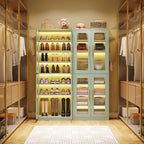 Tribesigns Tall Shoe Storage Cabinet with Acrylic Doors and LED Lights, 8-Tier Entryway Shoe Organizer Rack with Adjustable Shelves and Hanging Hooks for Narrow Closet, Hallway, Mint Green