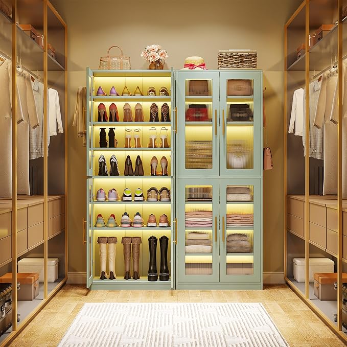 Tribesigns Tall Shoe Storage Cabinet with Acrylic Doors and LED Lights, 8-Tier Entryway Shoe Organizer Rack with Adjustable Shelves and Hanging Hooks for Narrow Closet, Hallway, Mint Green