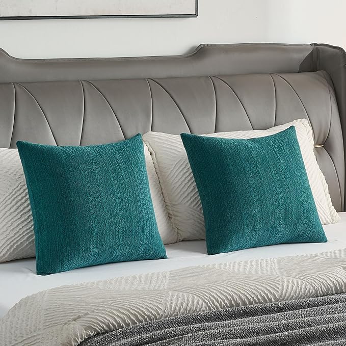 FUTEI Teal Chenille Throw Pillow Covers 18x18 Inch Set of 2,Soft Striped & Diamond Textured Cushion Cases,Modern Home Decor for Couch Living Room