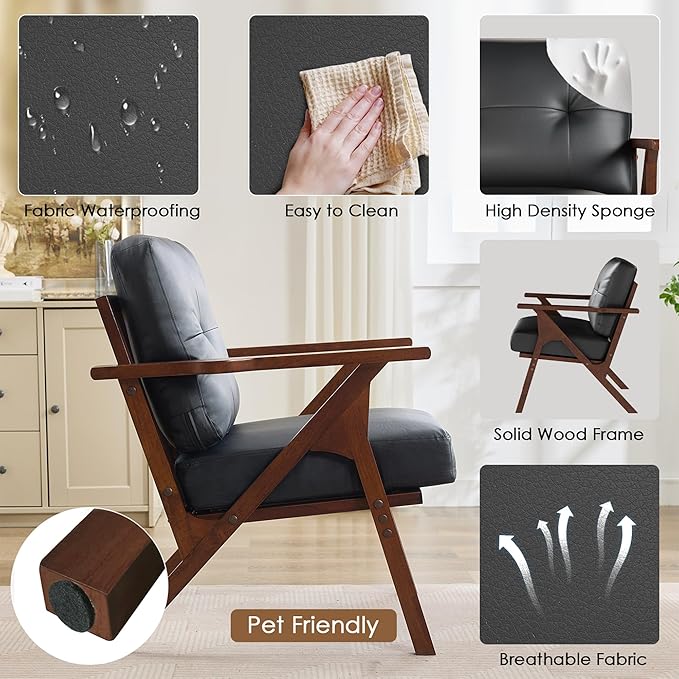 STHOUYN Black Leather Office Accent Chair Set of 2, Office Lounge Chair with Wooden Arms, Mid Century Modern Chair, Side Arm Chairs for Living Room, Comfy Guest Waiting Room Chairs (2, Black)