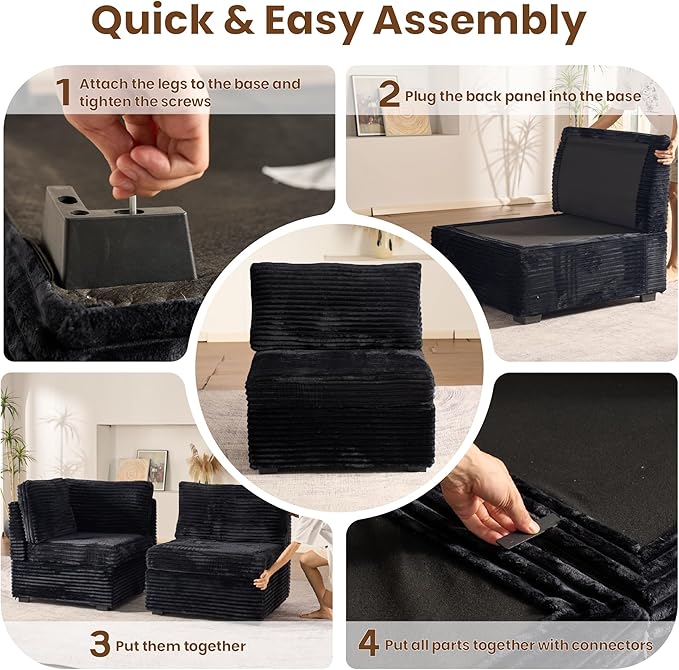 32.7'' Middle Seat for Modular Sectional Sofa, Deep Seat Upholstered Armless Chair Sleeper Sofas, L/U/V Shaped Plush Corduroy Cloud Couch for Living Room Apartment, Black