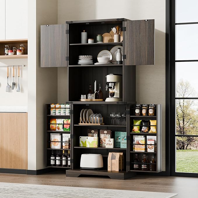 Cozy Castle 74" Farmhouse Pantry Cabinet with Charging Station, Tall Kitchen Storage Hutch Cabinet Coffee Bar Workstation, Sideboard Buffet Cupboard for Dining Room Living Room Furniture, Dark Brown