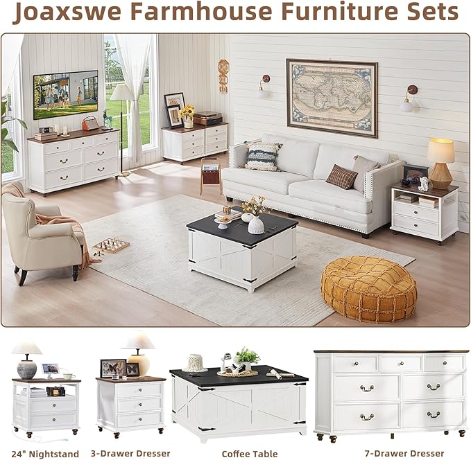 Farmhouse Dresser and Nightstand Sets, Wood 54" Wide Dresser & 24" Night Stand with Charging Station, 2 Piece Bedroom Furniture Set, Chest of Drawers for Bedroom, Home, Living Room, Hallway