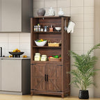 70in Tall Bookshelf 5 Tier Bookcase with Barn Doors and Adjustable Shelves, Brown Farmhouse Book Shelf with Storage Cabinet, Wood Freestanding Display Bookshelves for Bedroom, Kitchen (2PCS)