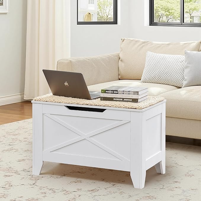 VECELO 30" Storage Bench, Entryway Shoe Ottoman, Farmhouse Style Bench with Handwoven Cushion and Metal Safety Hinges, for Bedroom, Living Room, Entryway, White