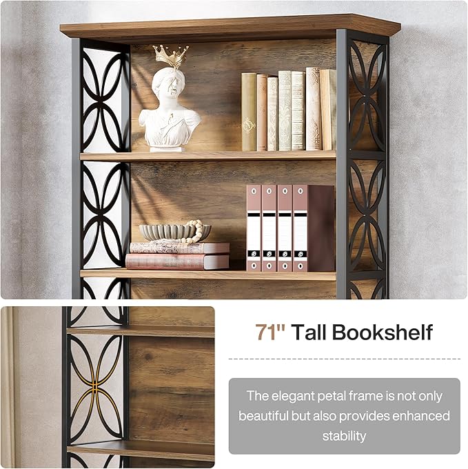 Tribesigns 6-Tier Tall Bookshelf, 71" Industrial Bookcase with Metal Frame, Freestanding Open Storage Shelves for Home Office, Living Room, Bedroom
