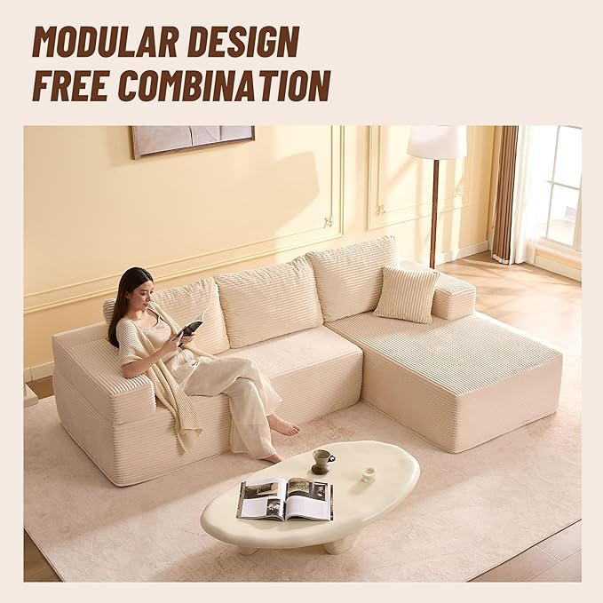 107" Boneless Couch with Deep Seat, Modular Sectional Sofa, Cloud Sectional Couch for Living Room, No Assembly Required, Corduroy, L-Shape Right，White