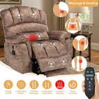 Tall Man Oversized Dual Motor Power Lift Recliner w/Heat Massage, Large Lay Flat Sleeper Electric Recliner with Extended Footrest for Elderly, Lumbar Pillow, USB & Type-C Ports, Plush-Brown