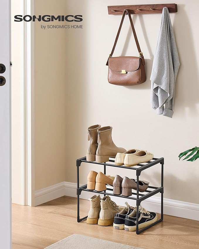 SONGMICS Shoe Rack, 2-Tier Shoe Organizer, Metal Storage Shelf, Upright or Upside Down, for 3-6 Pairs, Stackable, for Entryway, 11.8 x 16.7 x 14.8 Inches, Black ULSA002B01