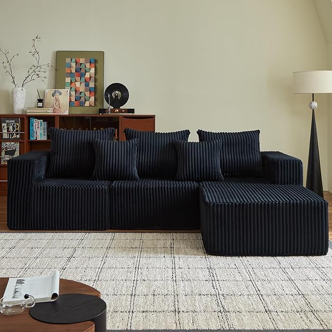 102" Black Couch for Living Room,Boneless Couch No Assembly Required,Comfy Couches with Oversized Chaise,Compressed Sofa for Any Room,Modern Sofa-Corduroy