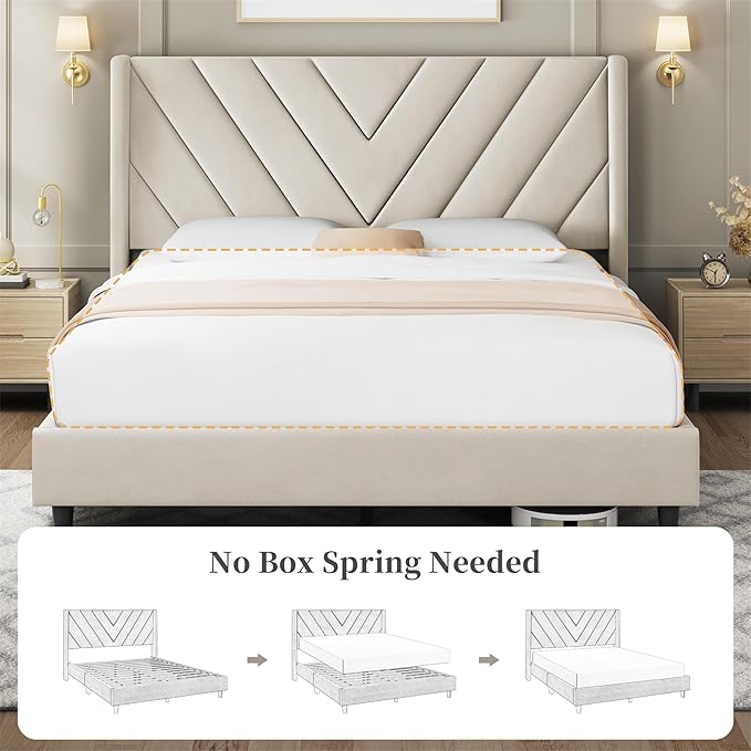 Yaheetech Full Bed Frame Upholstered Platform Bed with Wing Side Tufted Headboard/Sturdy Wooden Slat Support/No Box Spring Needed/Mattress Foundation,Beige Full Bed