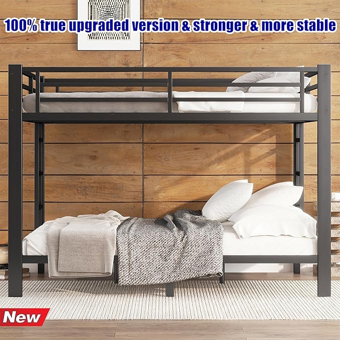 Higher Quality & Stronger Heavy Duty Steel Black Bunk Bed Queen Over Queen Size Bunkbed, Thickened More Stable Safer Metal Bunk Bed (Easier to Assemble)