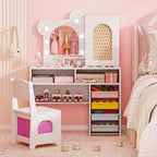 Costzon Kids Vanity with Lights, Girls Vanity Set with Mirror, Storage Drawers, Cabinet & Shelves, Toddler Makeup Vanity Desk Dressing Table, Wooden Kids Vanity Table and Chair Set (White)