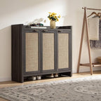 SICOTAS Shoe Storage Cabinet Set of 2, Large Tall Shoe Cabinet, Rattan Shoe Cabinet Storage for Entryway, Farmhouse Cabinet with Doors and Adjustable Shelves for Entryway Hallway, Black Oak