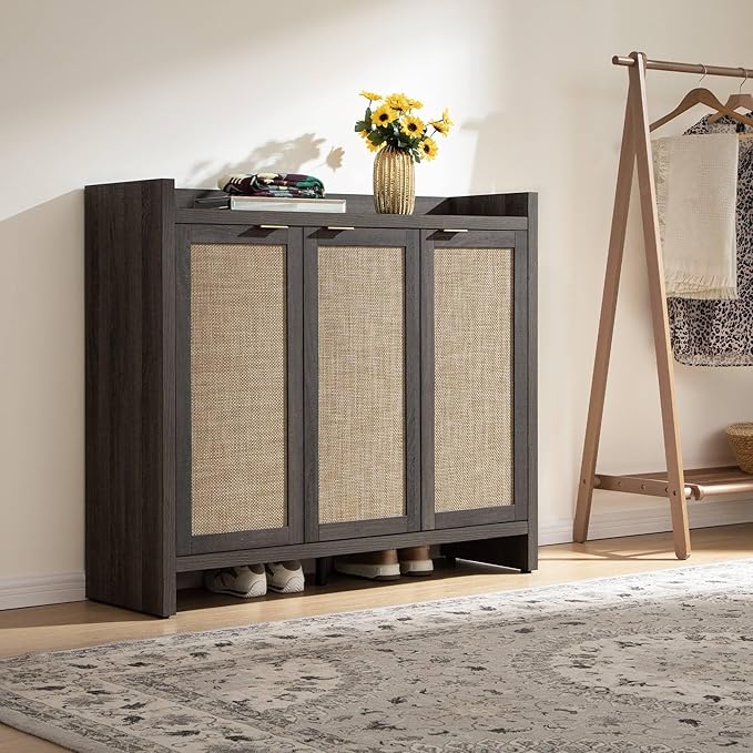 SICOTAS Shoe Storage Cabinet Set of 2, Large Tall Shoe Cabinet, Rattan Shoe Cabinet Storage for Entryway, Farmhouse Cabinet with Doors and Adjustable Shelves for Entryway Hallway, Black Oak