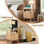 QUW Fluted Nightstands with Charging Station, 18" Modern Side Table, Wooden Bedside Table with Faux Marble Top, Open Storage, Cabinet, End Table for Bedroom, Living Room, Natural Oak