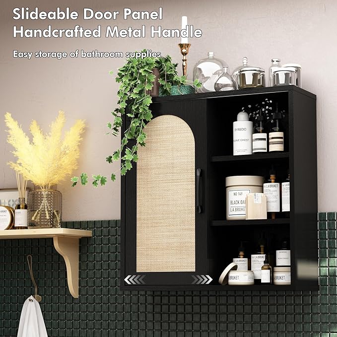 RUSTOWN Boho Rattan Wall Cabinet, Midcentury Bathroom Cabinet with Sliding Door, Adjustable Shelves, Over The Toilet Storage Cabinet (Black)
