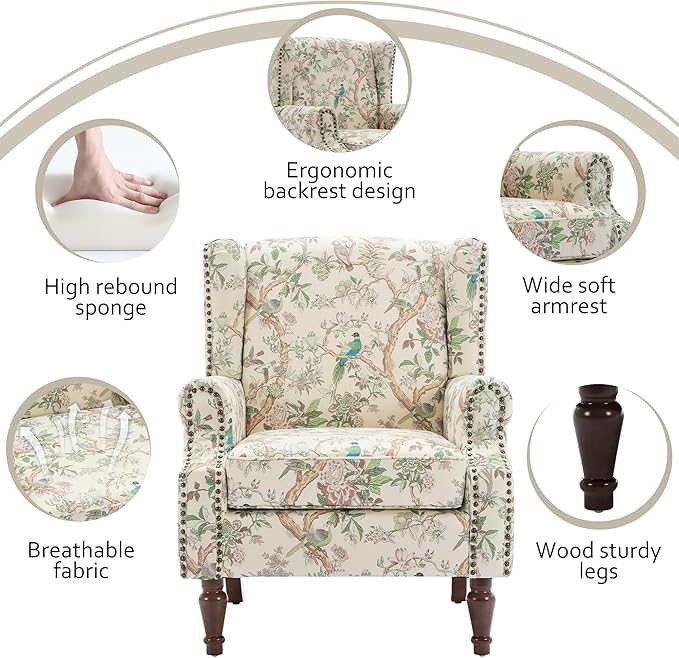 Lumibee High Back Accent Chair, Armchair in Fabric,Comfy Upholstered Wingback Single Sofa Reading Chair with Solid Wood Legs for Living Room,Bedroom,Office-Bird