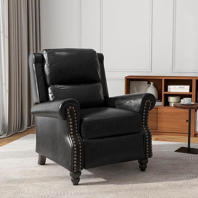 UIXE Pushback Recliner Chair, PU Leather Armchair Push Back Accent Chair for Living Room, Rivet Trim Club Chair Home Theater Overstuffed Single Sofa Bedroom Reading Seat - Black