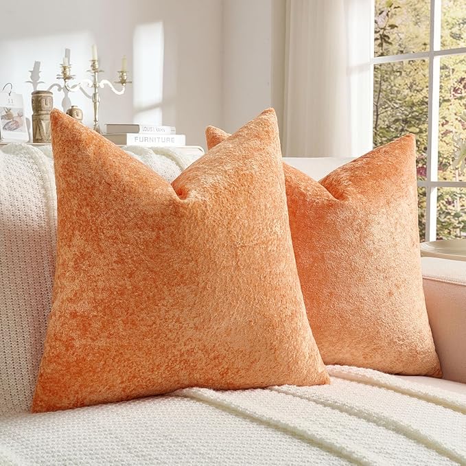 FUTEI Orange Flannel Throw Pillow Covers 22x22 Inch Set of 2,Soft Dimensional Textured Cushion Cases,Modern Home Decor for Couch Living Room