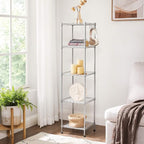 SONGMICS 5-Tier Bathroom Shelf, Storage Rack for Small Space, with 5 PP Shelf Liners, Removable Hook, Extendable Design, Silver and Translucent ULGR023S01
