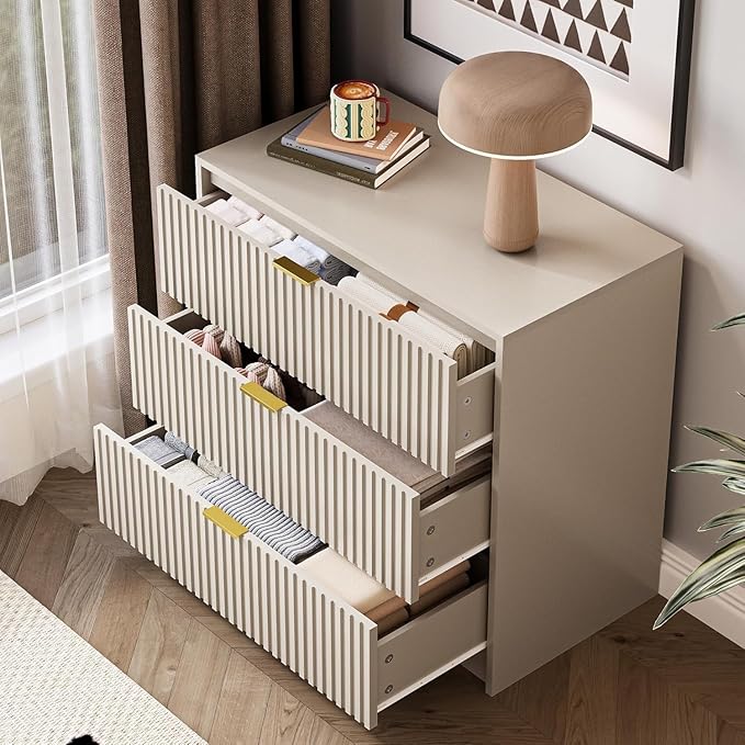 3 Piece Dresser Bedroom Set, 7 Drawer Dresser & 3 Drawer Nightstands with Gold Handles, Fluted Wood Chest of Drawers for Bedroom, Living Room, Entryway, Beige