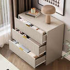 3 Piece Dresser Bedroom Set, 7 Drawer Dresser & 3 Drawer Nightstands with Gold Handles, Fluted Wood Chest of Drawers for Bedroom, Living Room, Entryway, Beige