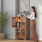 PARTPHONER Bathroom Floor Storage Cabinet with Cabinet Lights, Modern Storage Cabinet with 4 Doors and Adjustable Shelves, Buffer Hinges, Walnut Pantry Cabinet for Living Room & Kitchen