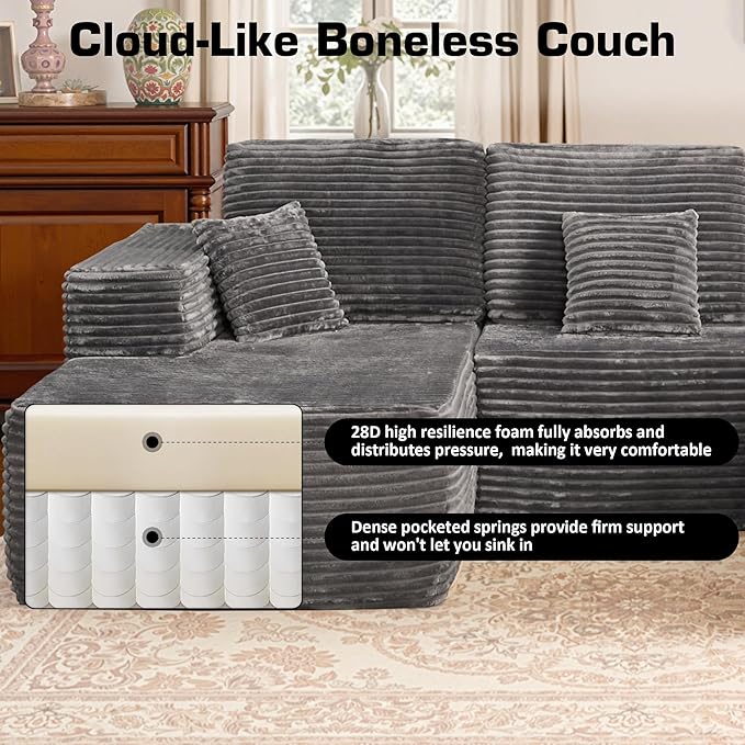 Weaxty Boneless Sectional Couch, U Shaped Modular Cloud Couches with Chaise, Plush Corduroy Memory Foam Deep Seat Floor Sofa, No Assembly Required，Gray