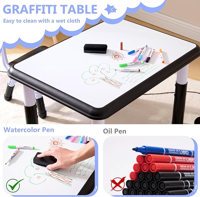 Kids Table & Chairs Set (2 Chairs), Height Adjustable Toddler Table and Chair Set for Kids Ages 3-8 with Graffiti Desktop, Learning & Art Activity Desk for Classroom, Home, Daycare (Black)