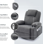 Oversized Swivel Rocker Recliner Chair with Heat and Massage, Large Big Recliner Chair for Living Room, 360 Degree Swivel Rocking Single Sofa with Cup Holders and USB Port(Fabric, Dark Grey)