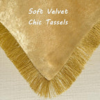 FUTEI Christmas Gold Velvet Decorative Throw Pillow Covers 16x16 Set of 2,Soft Cozy Edge with Tassels Cushion Case,Boho Modern Home Decor for Couch Bed Living Room