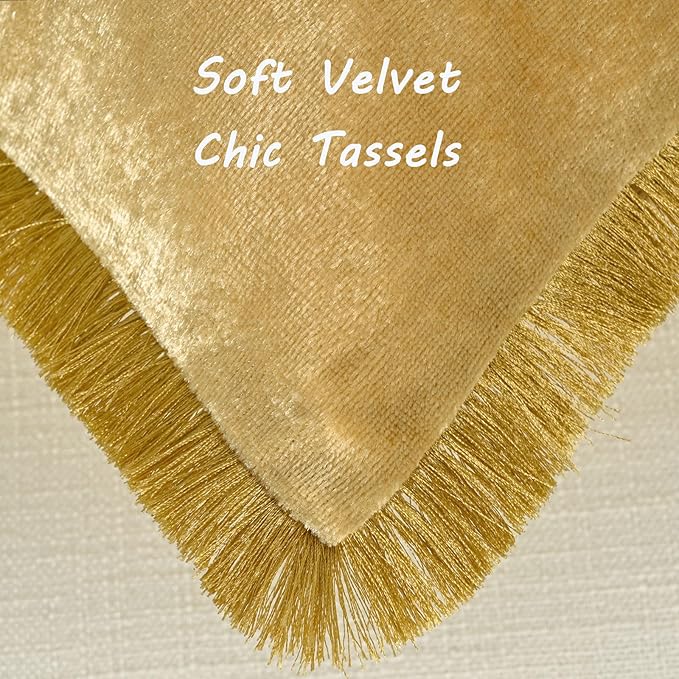 FUTEI Christmas Gold Velvet Decorative Throw Pillow Covers 24x24 Set of 2,Soft Cozy Edge with Tassels European Cushion Case,Boho Modern Home Decor for Couch Bed Living Room