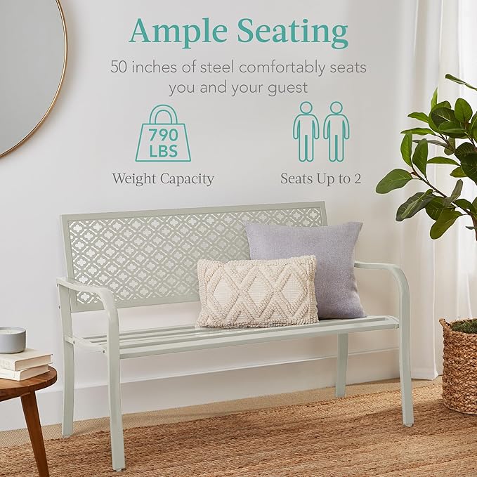Best Choice Products Outdoor Bench 2-Person Metal Steel Benches Furniture for Garden, Patio, Porch, Entryway w/Geometric Backrest, 790lb Capacity - Ivory