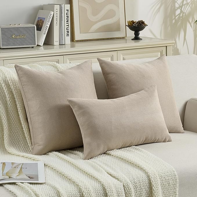 FUTEI Oatmeal Chenille Throw Pillow Covers 12x20 Inch Set of 2,Soft Wide Chevron Textured Lumbar Pillow Cases,Farmhouse Home Decor for Couch Bed Living Room