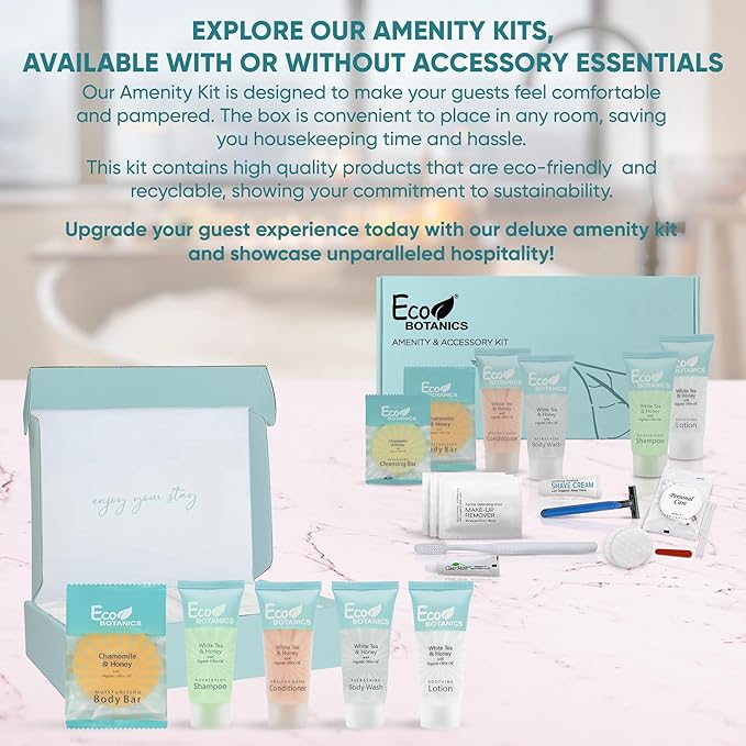 Terra Pure Eco Botanics Amenity Kit | Hotel Bulk Toiletries | 0.85 oz Shampoo, Conditioner, Lotion, Body Wash, Body Bar Soap for Guest Hospitality Vacation Rentals | 60 Sets/Case