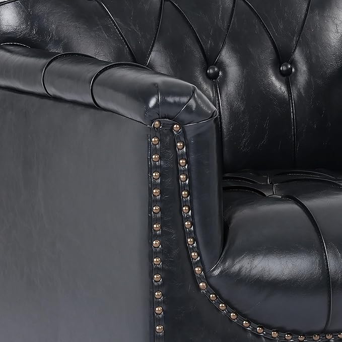 UIXE Faux Leather Accent Chair for Living Room, Tufted Arm Chair Retro Upholstered Club Armchair with Solid Wood Legs, Black Blue