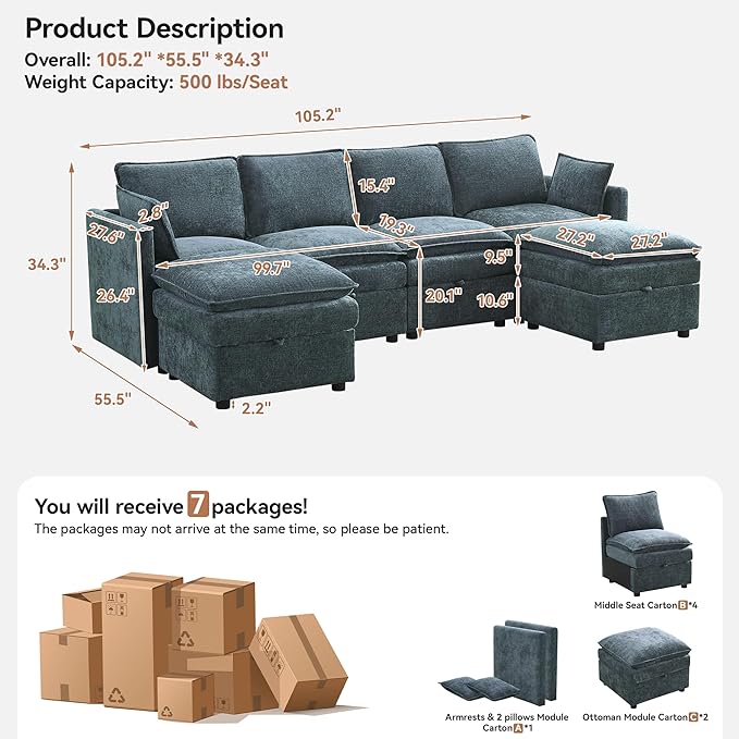 105" Cloud Modular 4 Seater Sofa with 2 Storage Ottoman, Modern Upholstered Sofa Storage Sofa Couch Deep Seat, U Shape Sectional Sofa Chenille Comfy Couch with Armrests for Living Room, Blue
