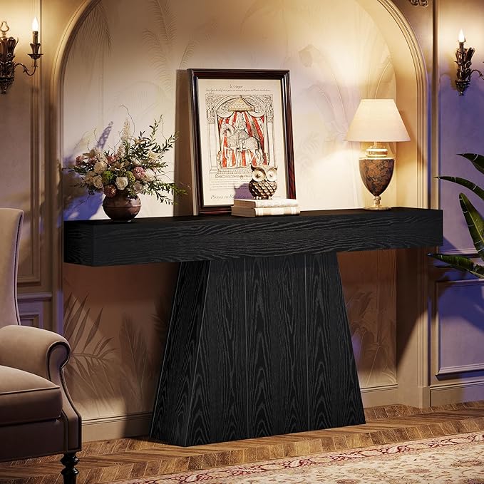 Tribesigns 63" Black Console Table, Farmhouse Entryway Table with Trapezoidal Base, Narrow Long Wood Sofa Table Behind Couch Table for Entrance, Hallway, Living Room, Black