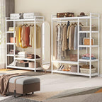 LITTLE TREE Free Standing Wood Closet Clothes Rack,Heavy Duty Grament Rack with Shelves,Hanging Racks for Clothes Clothing Rack for Bedrom,Wardrobe Closet Organizer,350 lb Capacity