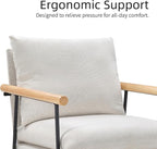 Accent Chair for Living Room,Arm Chair for Bedroom,with Wooden Arms, Wide Large Plus Size Cushion,Metal Frame,Reading Bedroom Chair Armchair for Home/Office/Cafe/Apartment/Waiting Room,White
