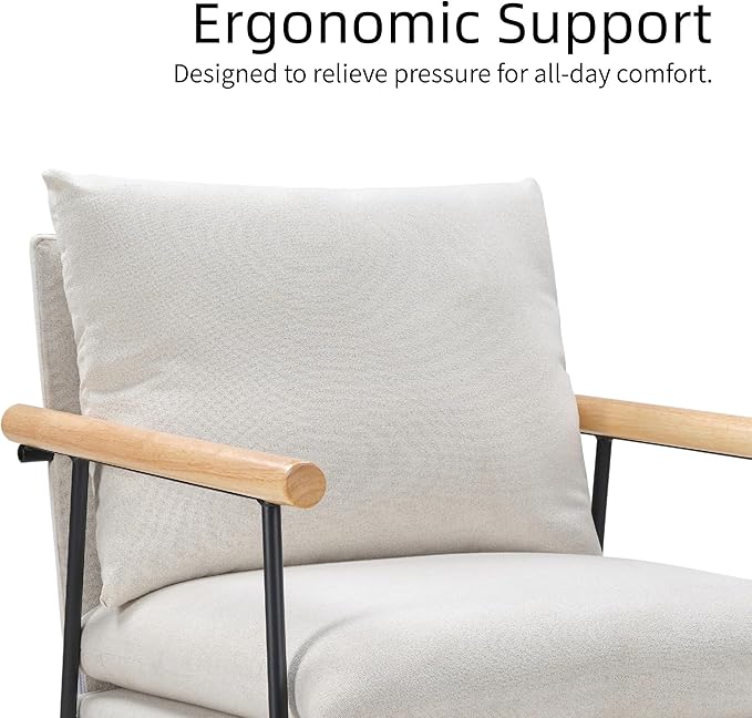 Accent Chair for Living Room,Arm Chair for Bedroom,with Wooden Arms, Wide Large Plus Size Cushion,Metal Frame,Reading Bedroom Chair Armchair for Home/Office/Cafe/Apartment/Waiting Room,White