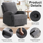 INZOY Manual Recliner with Thicker Backrest, Soft Fabric Manual Recliner with Overstuffed Cushion, Heavy Duty Reclining Sofa for Living Room Bedroom Apartment, Grey