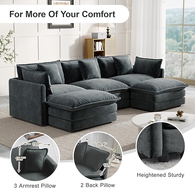 Modular Sectional Sofa, U-Shaped Cloud Sofa with Deep Seat, 111.5 Inch Chenille Sofa with Movable Ottoman, 3-Self Sectional Sofa for Living Room Apartment, Gray