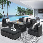 NICESOUL 29.3'' High Backrest Patio Furniture Set with Firepit Table Gas/Propane, Heavy Duty Deep Seating Outdoor Sectional Sofa Sets, 6 Seater Modern Luxury Extra Large Wicker Conversations, Gray
