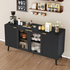 JASIWAY Modern Buffet Cabinet with Storage 55" Fluted Sideboard with 4 Doors Acrylic and Adjustable Shelves Wooden Coffee Bar Cabinet Storage Credenza for Living Room, Dining Room, Kitchen, Black
