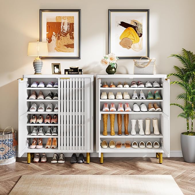 Tribesigns 6-Tier Shoe Cabinet with Shutter Doors, Large Wooden Shoe Organizer Rack with Adjustable Shelves, Modern Farmhouse Hidden Storage Furniture for Entryway, Hallway (White)